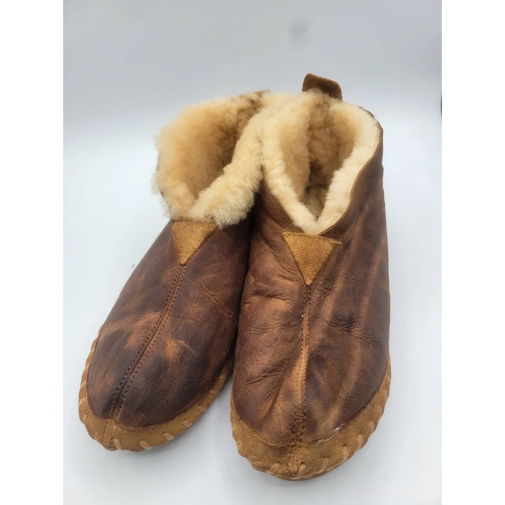 LL Bean Wicked Good Shearling Moccasin Slippers Brown Leather Mens 8 M